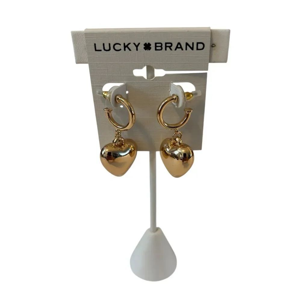 Puffy Heart Charm Dangle Hoop Earrings.